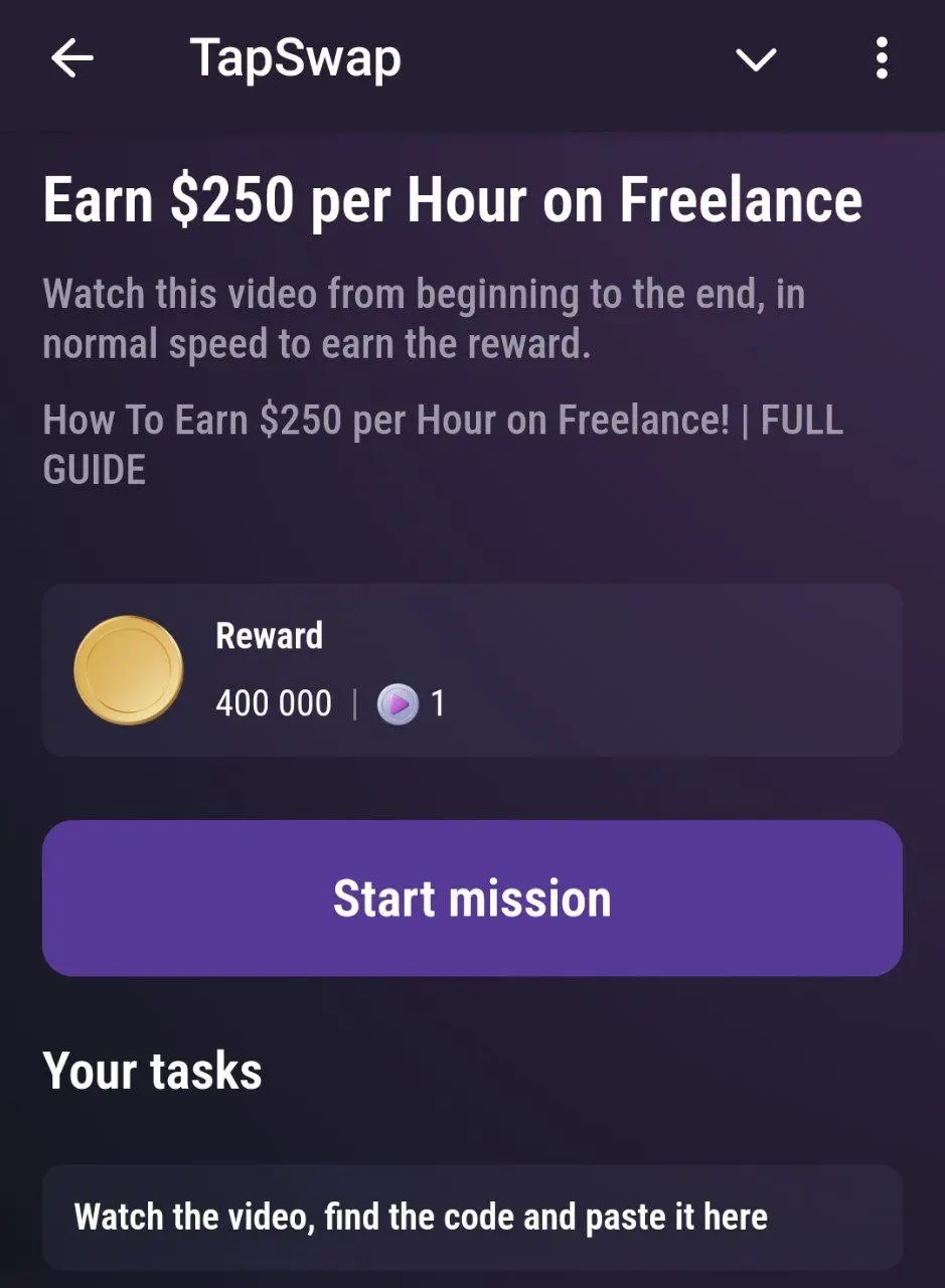 دومین کد تسک امروز تپ سواپ 21 شهریور چهارشنبه Earn $250 per Hour on Freelance