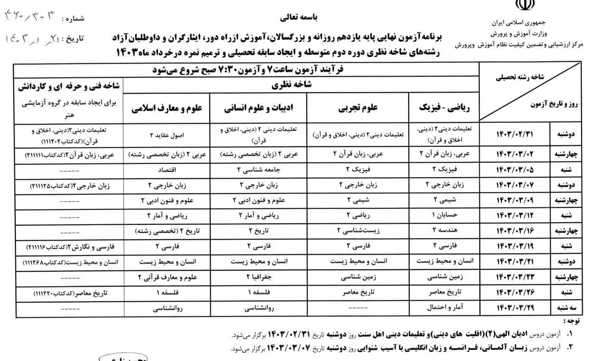 برنامه امتحانات نهایی خرداد 1403دوم